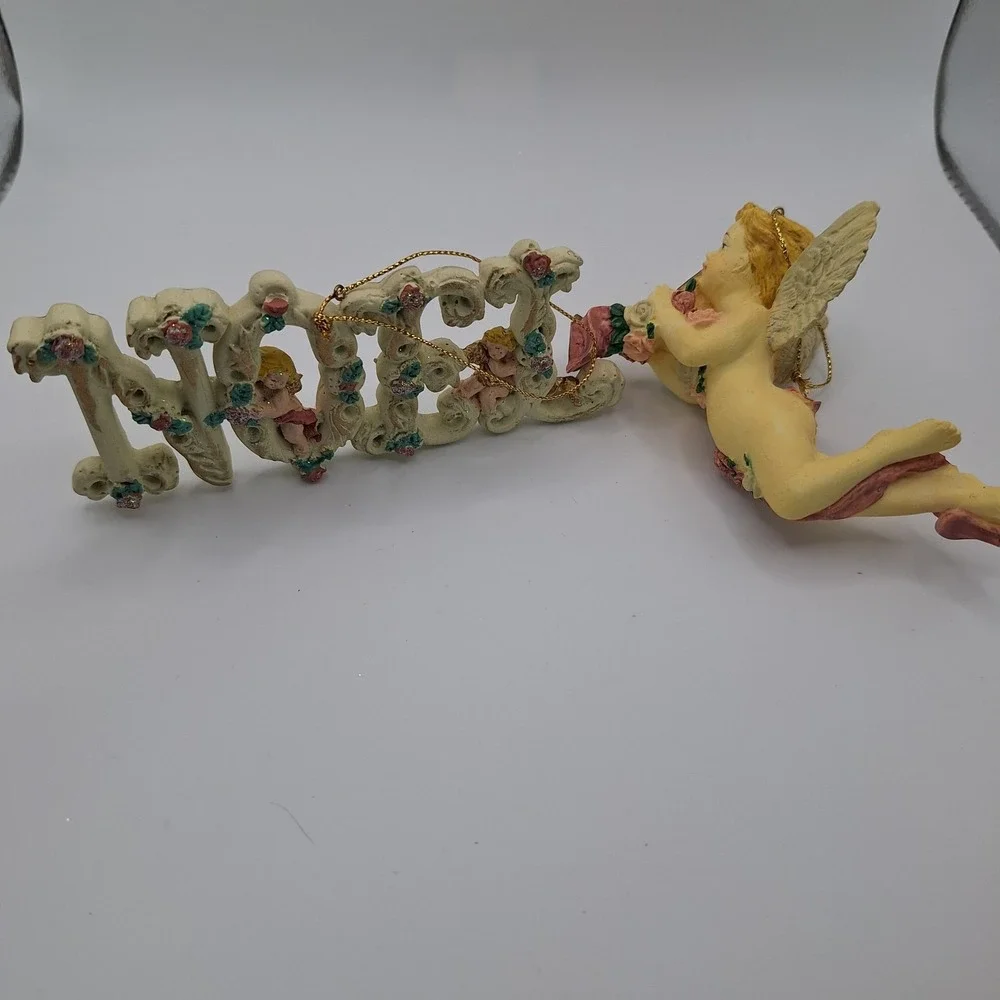 Lot of 2 Christmas Ornaments Noel With Cherubs & Angel Trumpet Floral‎ Taiwan